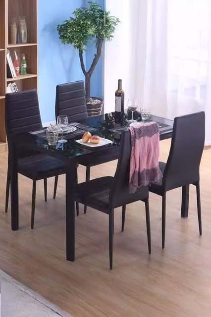 Living and Home 5-Piece Modern Dining Set with Tempered Glass Rectangular Table and Faux Leather Chairs in Black – 1