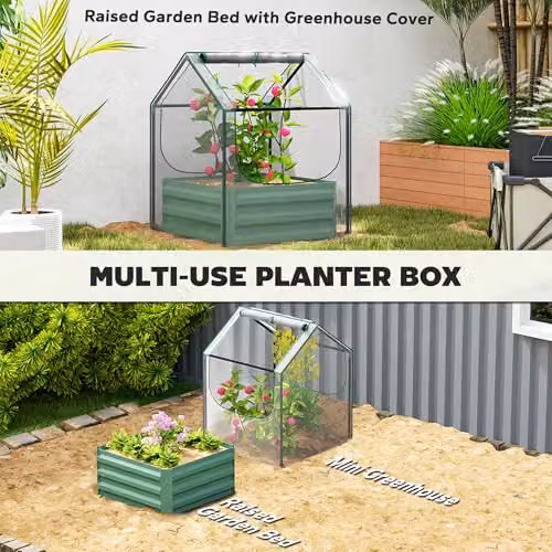 Outsunny Raised Garden Bed with Mini Greenhouse in Green and Transparent – 3