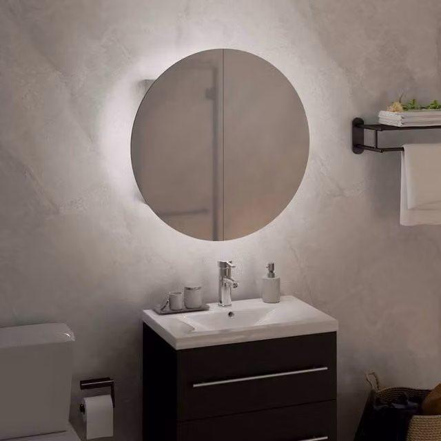 Berkfield Home Beautiful White Glossy Bathroom Cabinet with Round LED Mirror, W/D/H: 40 x 40 x 17.5 cm