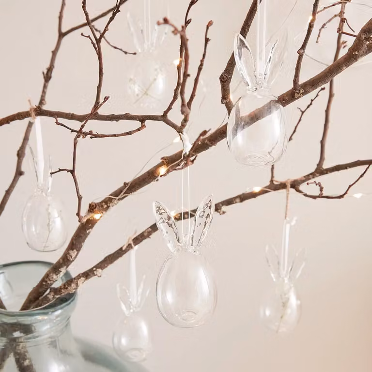 Lights4fun Set of 6 Transparent Glass Bunny Ear Easter Egg Hanging Tree Decorations