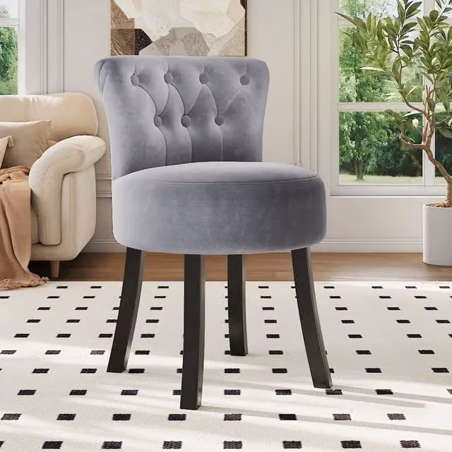 Komore Grey Velvet Chesterfield Upholstered Buttoned Dressing Table Stool with Wood Frame