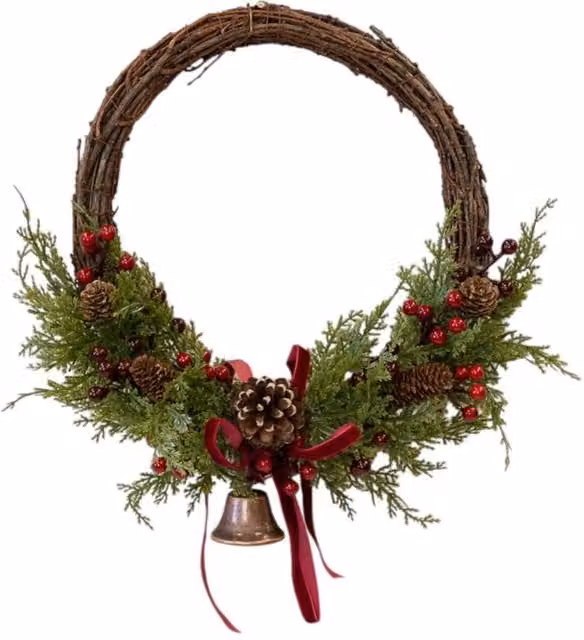 Four Candle Large Rustic Christmas Twig Wreath with Red Berries, Pinecones, Bells and Bow in Red and Brown