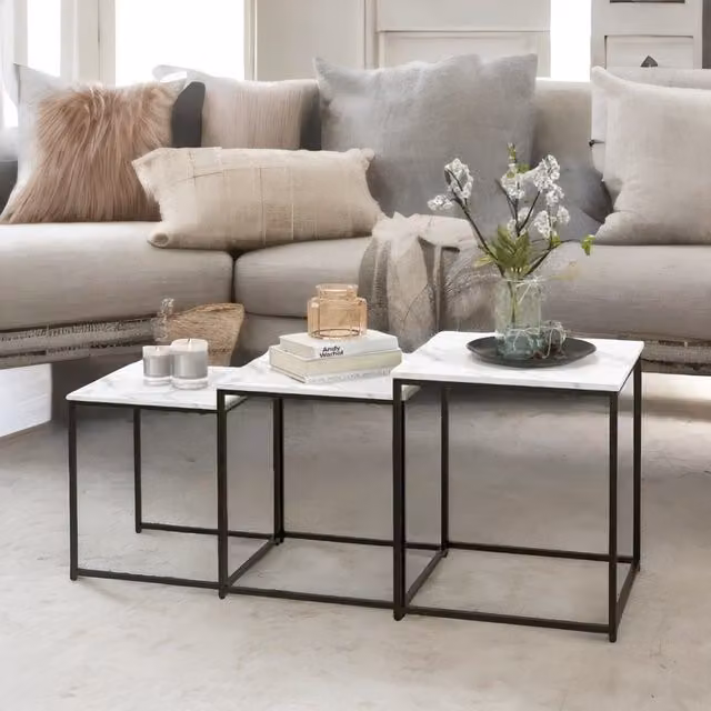 Rafaelo Mobilia Set of 3 Square Nesting Tables with White Marble Effect Tops and Metal Legs