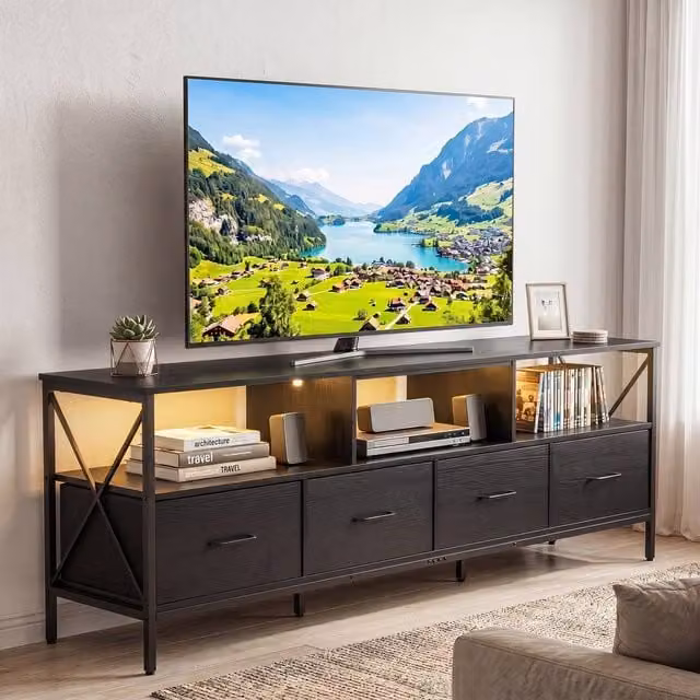 Gymax LED Entertainment Center for TVs up to 80 inch, Extra Long Industrial TV Unit with 4 Drawers, Black