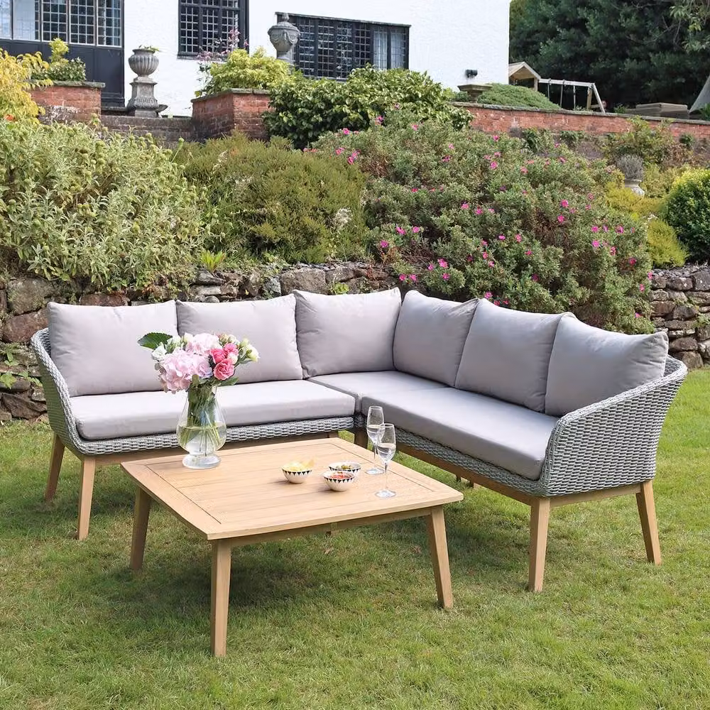 Royalcraft SOL Corner Lounge Set in Grey Rattan and Acacia Wood – 3