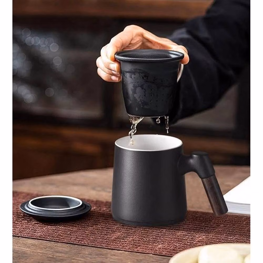 KORVIXA Black Ceramic Tea Mug with Lid and Wooden Handle, 300 ml – 5