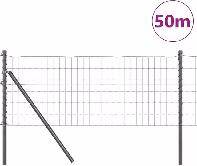 Berkfield Home Modern Euro Fence in Grey Galvanised Steel with 13 Round Posts, W: 50 m, H: 0.4 m – 1