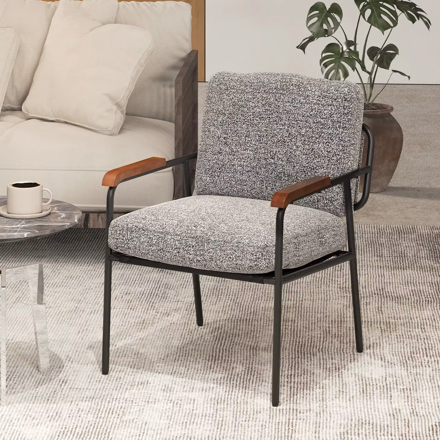 Costway Modern Grey Fabric Accent Chair with Armrests and Metal Frame – 3