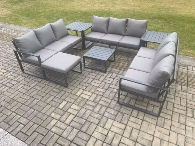Fimous 10 Seater Aluminium Outdoor Garden Furniture Set in Dark Grey with U-Shape Sofa, Coffee Table, Side Tables and Ottoman