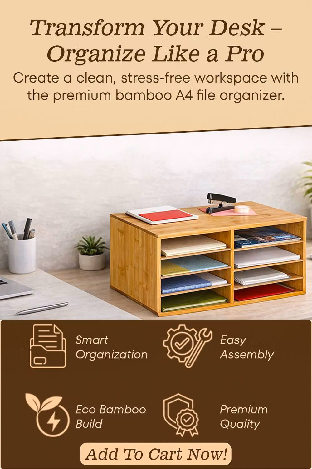 Hygrad Bamboo A4 Desktop File Sorter and Document Organiser, Beige, W: 31.0 cm, D: 31.0 cm, H: 25.0 cm – 5