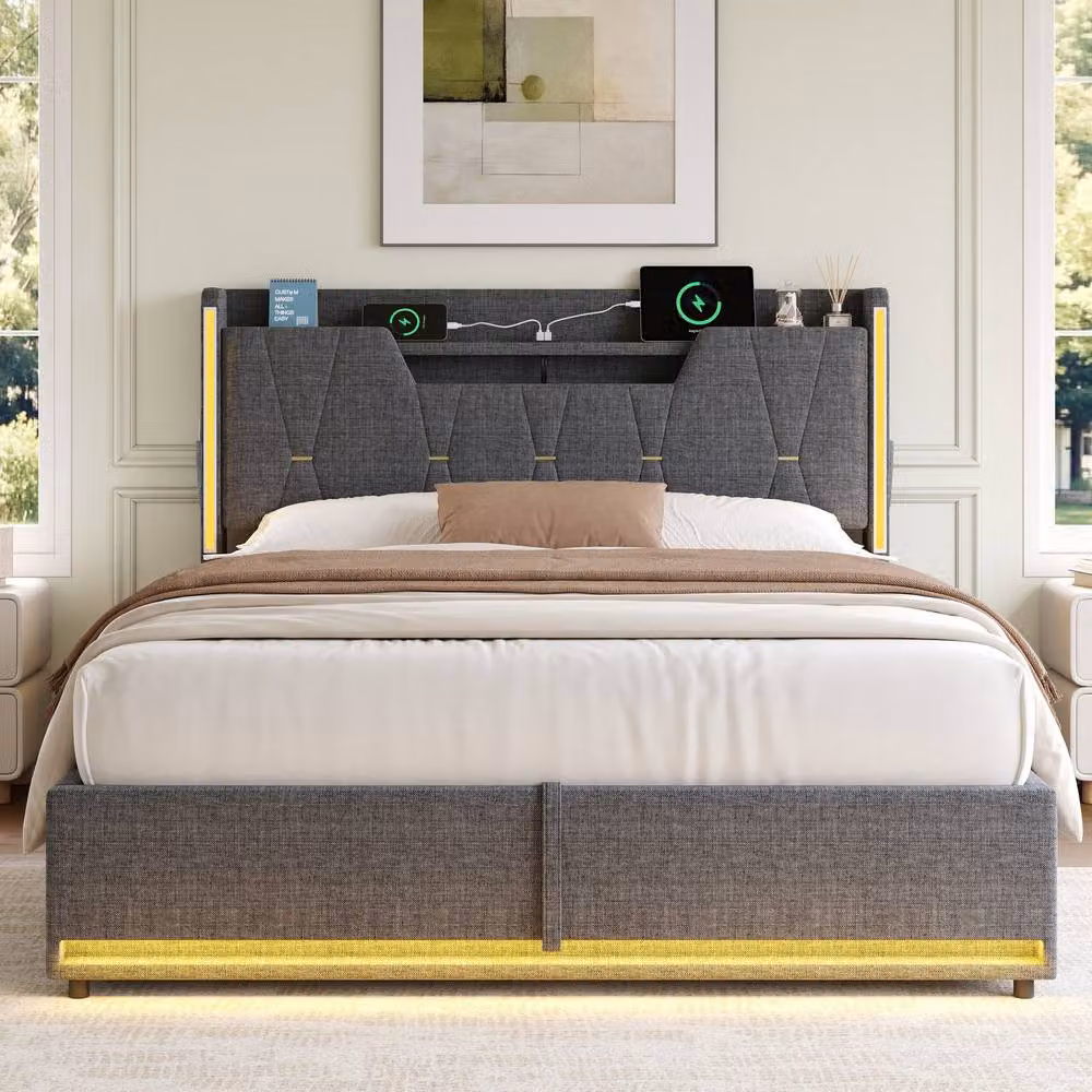 BTM Double Hydraulic Storage Bed with X Shape LED and USB Charging Port, Grey, W/D/H: 140 x 200 cm – 2
