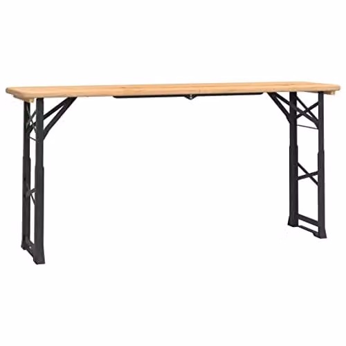 vidaXL Height Adjustable Folding Beer Table in Brown Solid Wood with Metal Legs, W: 170 cm, D: 50 cm, H: 75-105 cm – 1