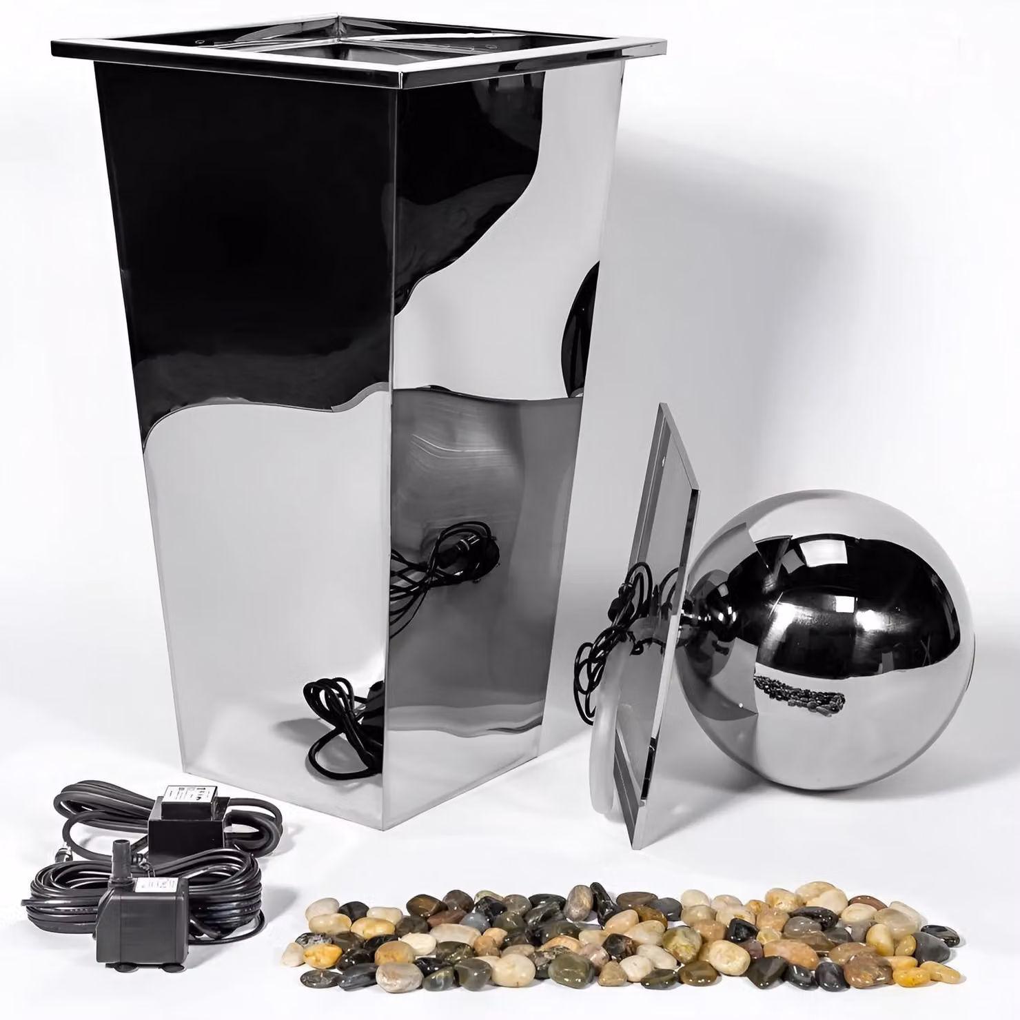 Primrose Stainless Steel Sphere Column Water Feature in Silver Polished, Height: 83 cm – 5