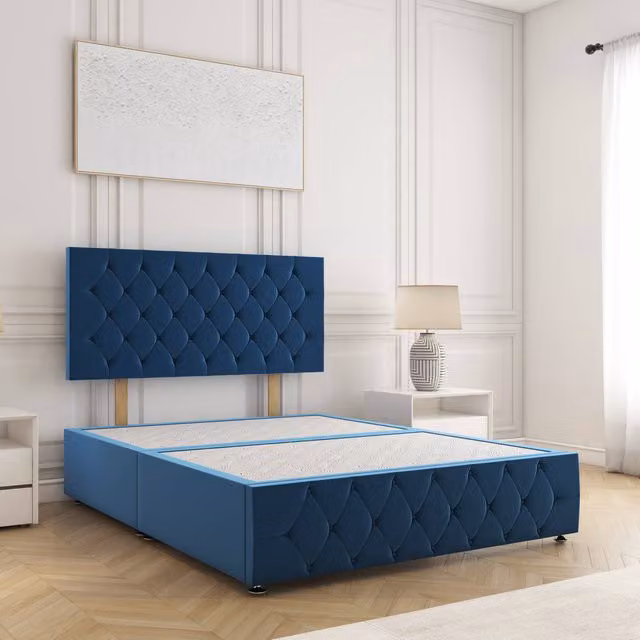 BSSPOKE Mulberry Plush Velvet Divan Bed with 24 inch Headboard in Blue, Single, W/D/H: 90 x 190 cm