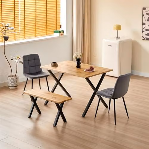 KOSY KOALA Brown Wooden Dining Set with 2 Grey Velvet Chairs and Bench