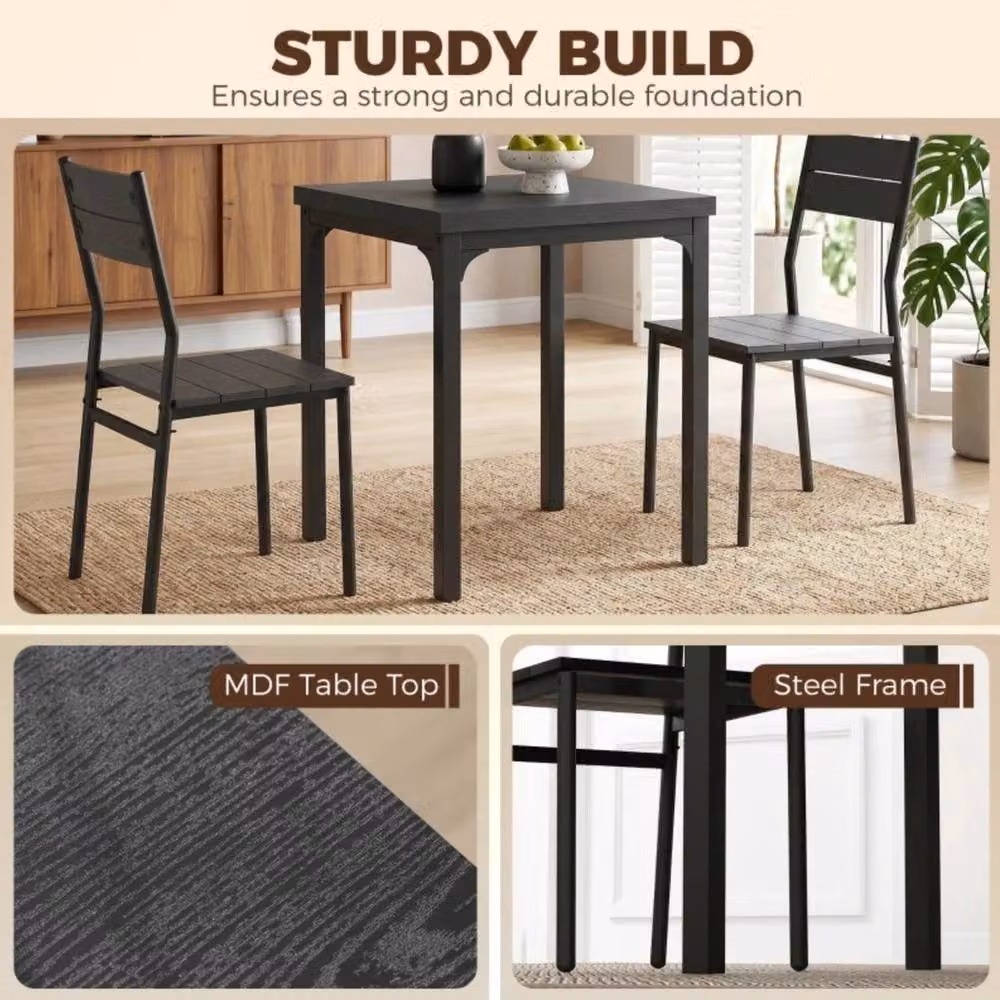 FORGEVIO Modern Compact Dining Set with Square Table and 2 Chairs in Matt Black – 3