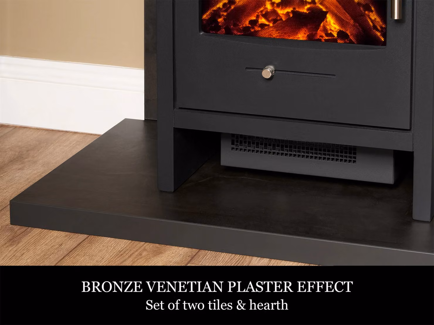 Acantha Tile and Hearth Set in Bronze Venetian Plaster Effect with Bergen Stove and Black Angled Pipe – 3