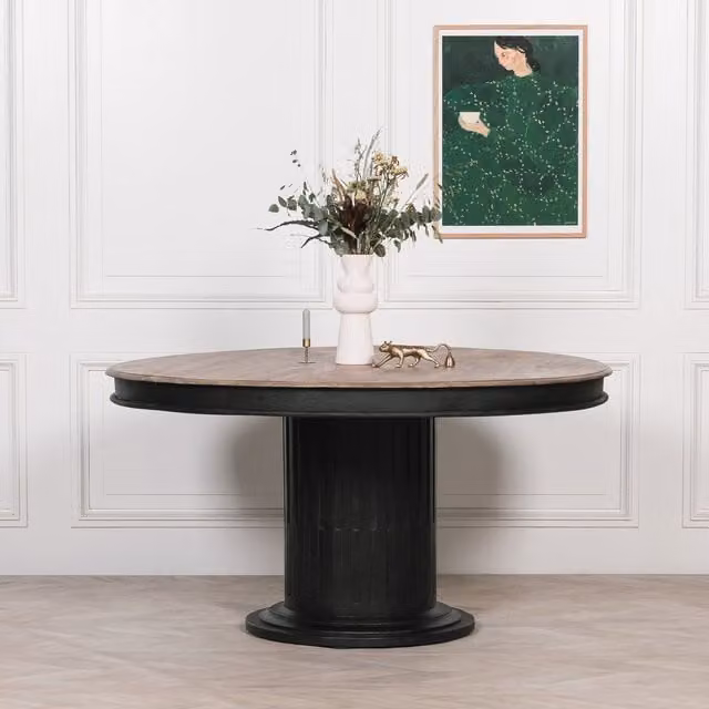 Glasstone Modern Round Dining Table with Black Glass Top and Brown Wooden Central Column, Diameter: 150 cm, Height: 80 cm – 1