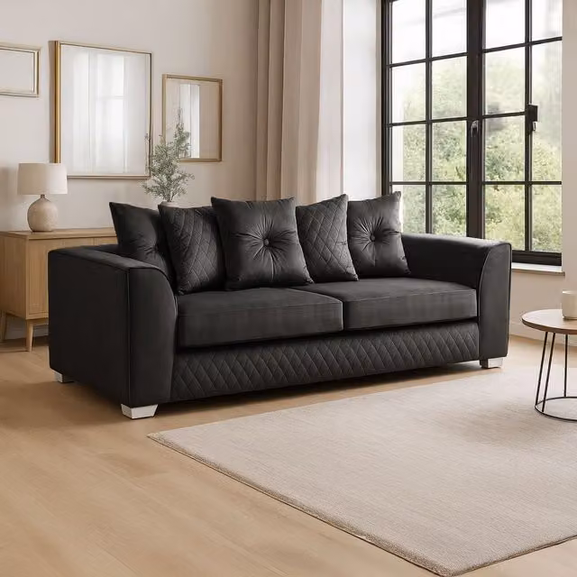 Furnishings For Less UK Victoria 3 Seater Sofa in Black Soft Plush Velvet Fabric with Scatter Back and Removable Covers