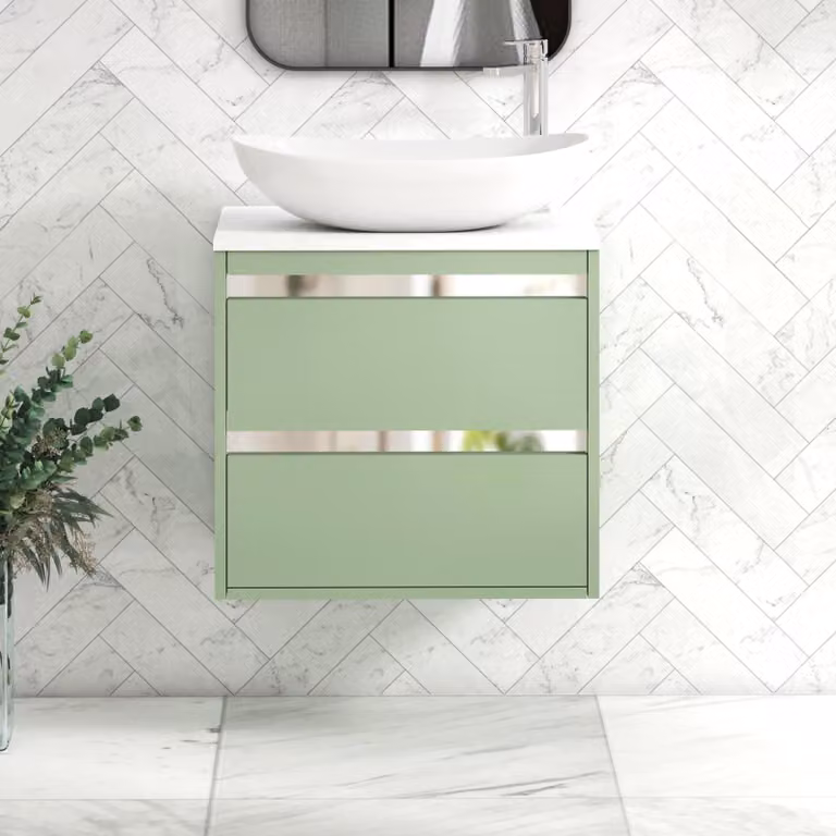Royal Bathrooms Orion 600mm Wall Hung Mint Sage Vanity Unit with Cesar Basin and 2 Drawers and Chrome Accent Trim