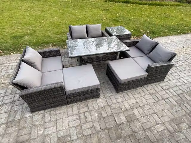 Fimous 8 Seater Dark Grey PE Rattan Garden Furniture Set with Oblong Dining Table and 2 Footstools
