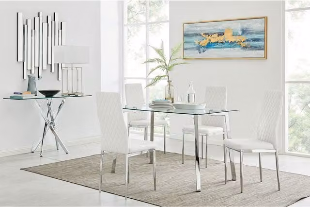 FurnitureboxUK Cosmo Chrome Metal and Glass Kitchen Dining Table with 4 Milan Dining Chairs in White