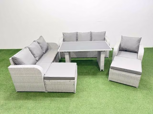 Fimous 9-Seater Patio Rectangular Table and Sofa Set with 2 Large Stools in Light Grey