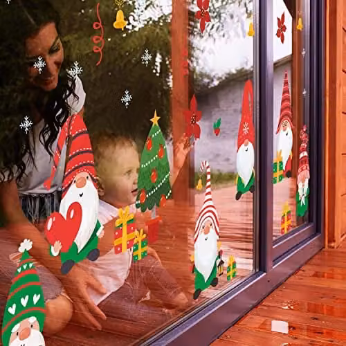 WALPLUS Christmas Gnomes and Snowflakes Window Stickers, 63-Piece Multicolour Reusable and Removable Set – 3