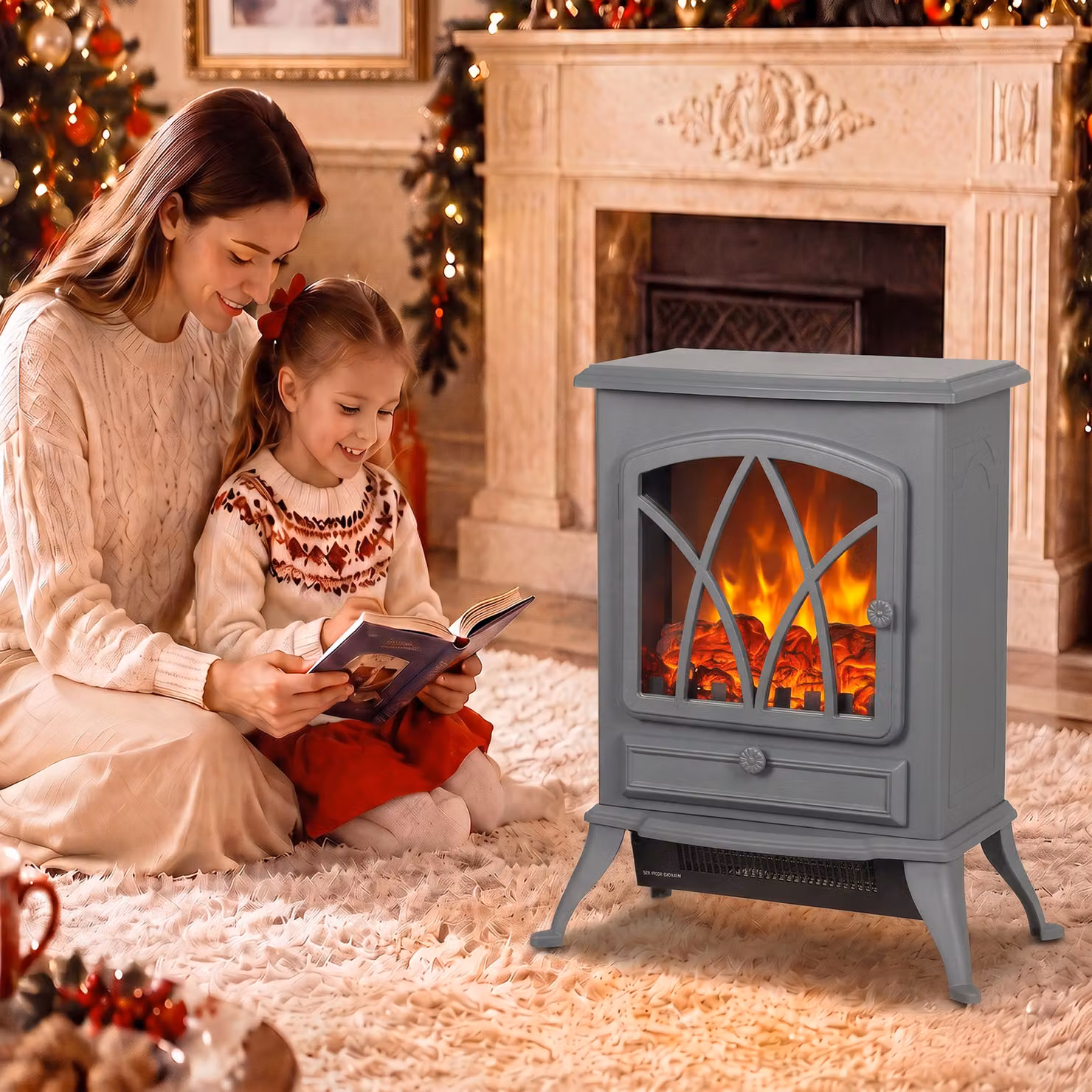 HOMCOM Vintage Electric Fireplace Heater, 1kW-2kW, Grey – 5