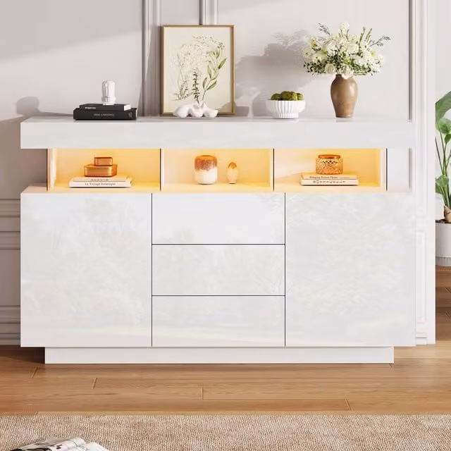 Merax White Glossy Sideboard with Integrated LED Lighting, 3 Drawers and 2 Doors, W/D/H: 120 x 35 x 72.5 cm – 1