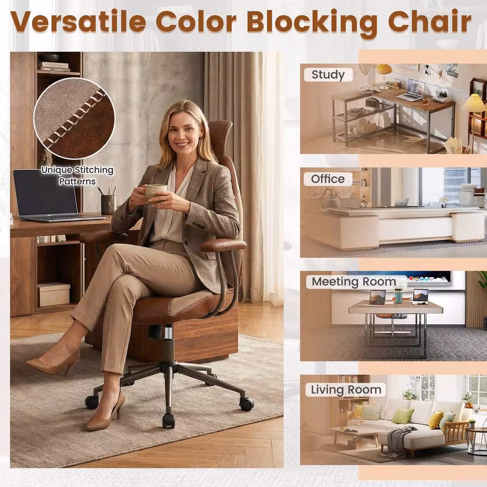 Gymax Ergonomic Brown Office Chair with Headrest and Rocking Backrest – 2