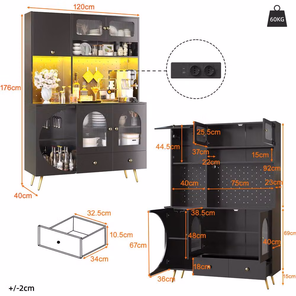 STILVORA Modern Black Tall Kitchen Cabinet with Integrated LED Lighting, USB Ports and Bottle Rack – 3