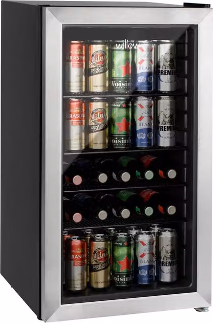 Willow 98L Freestanding Undercounter Glass Door Beer Fridge in Silver and Black Stainless Steel