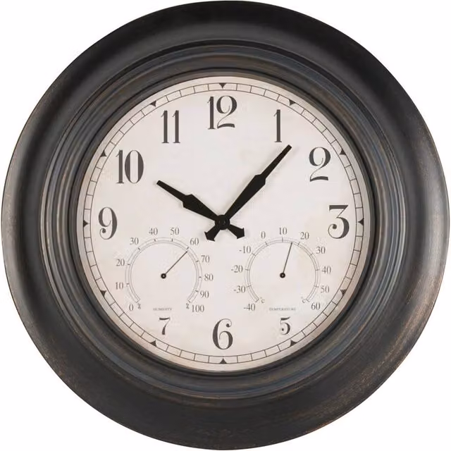 Libra Interiors Black Antique Metal Outdoor Wall Clock with Analog Quartz Movement, Thermometer and Hygrometer