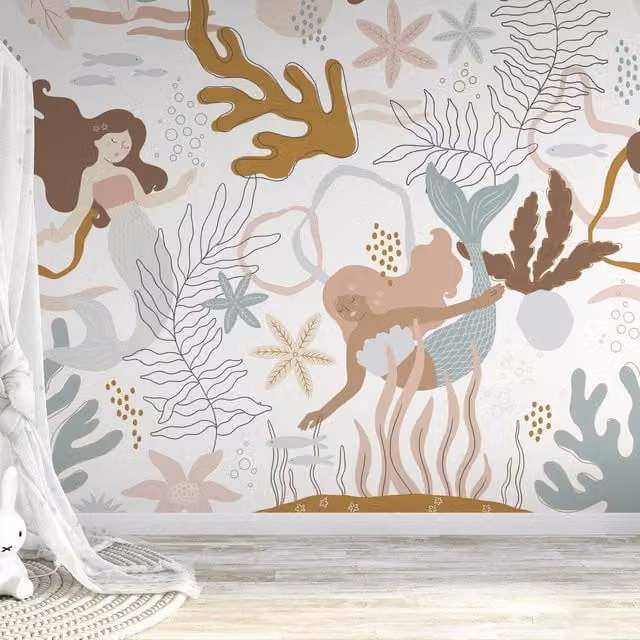 Grandeco Nursery Mermaids 6 Lane Repeatable Wallpaper Mural in Multicolour