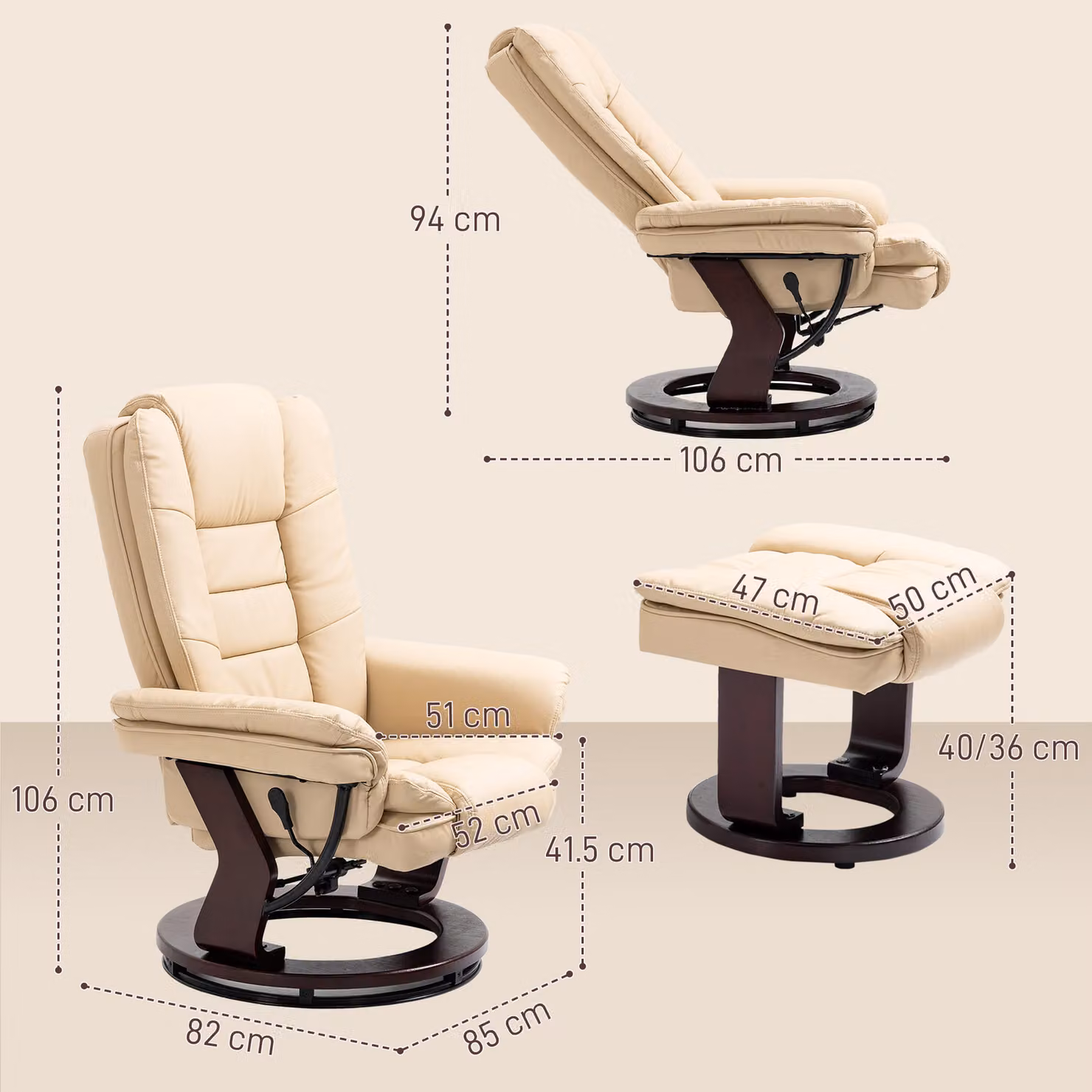 HOMCOM Reclining Lounge Chair with Footstool in Beige Faux Leather – 3