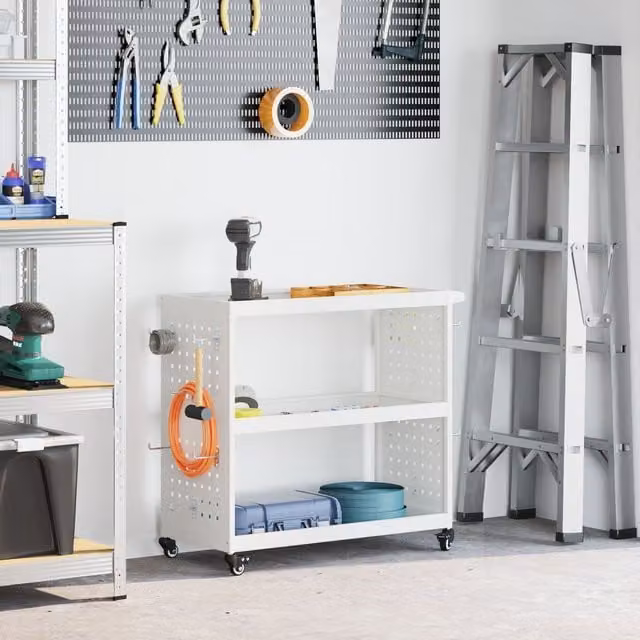 Berkfield Compact Tool Trolley with Shelf and Wheels in White Powder-coated Steel