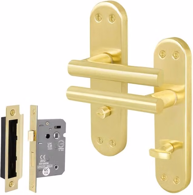 AFIT T-Bar Satin Brass Bathroom Backplate Lock Set in Gold, W/D/H: 150 x 150 x 150 mm – 1