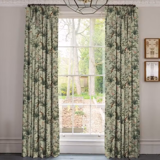 Linda Barker Rosa Fiore Linen Look Blackout Curtains in Eucalyptus Green Floral Design