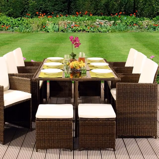 Comfy Living 11 Piece Modern Brown Rattan and Steel Garden Furniture Set with Glass Table