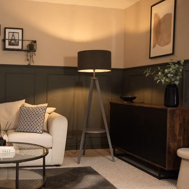 Morrigan Wood Tripod Floor Lamp with Charcoal Boucle Shade and Bulb in Grey