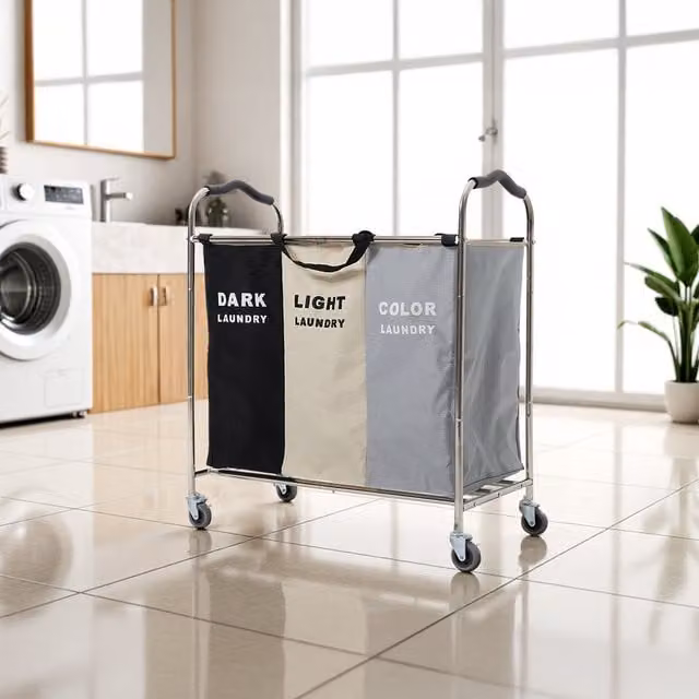 Komore Three-Section Metal Laundry Basket Trolley Cart with Wheels and Handles, Black and Multicolour