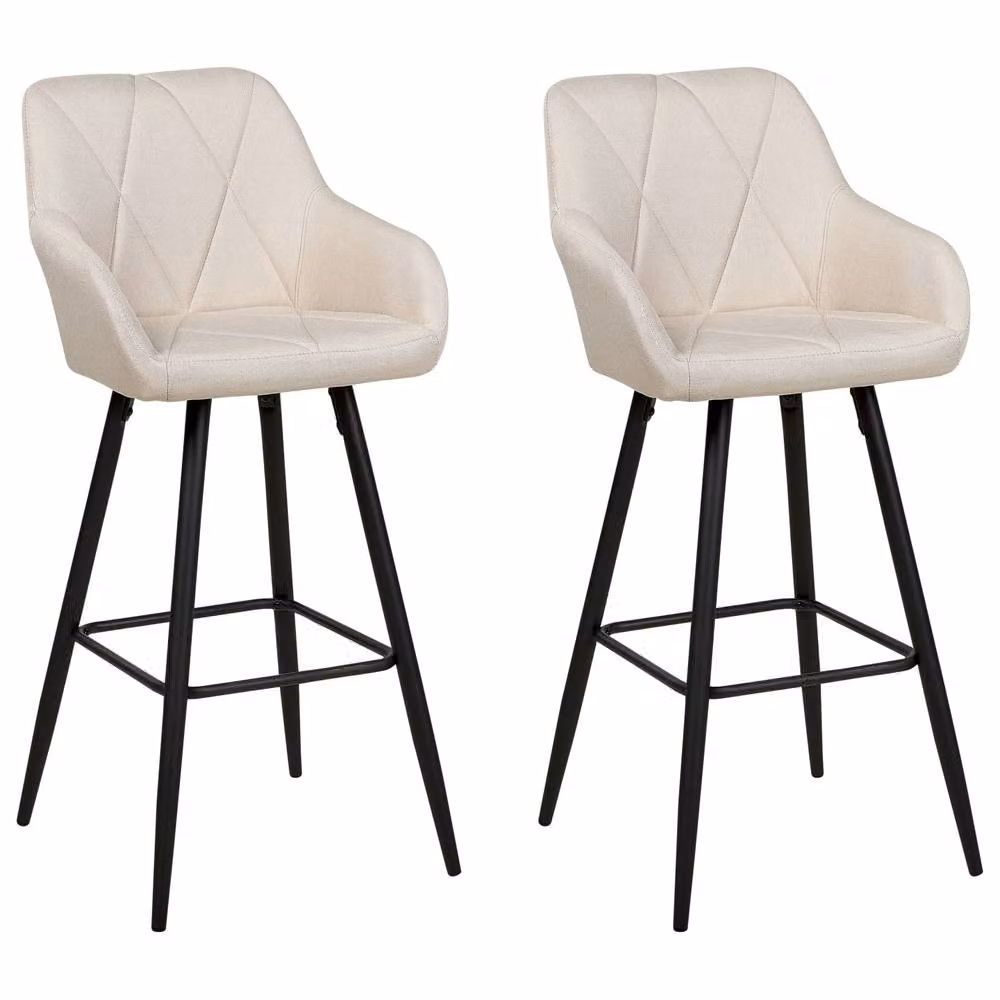 Wyld and Coco Set of 2 Beige Quilted Fabric Bar Stools with Armrests and Metal Base – 2