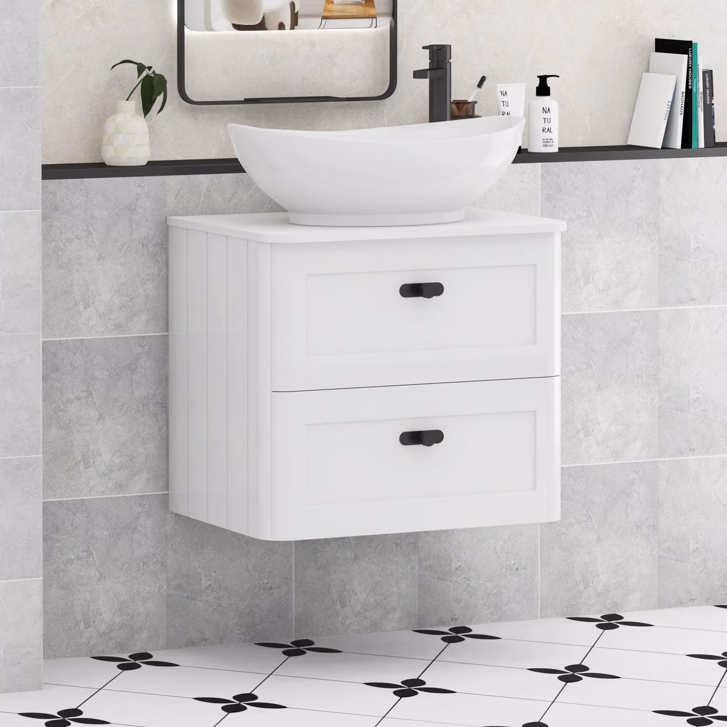 Royal Bathrooms Henley 600mm Gloss White Wall Hung Vanity Unit with 2 Drawers, Plain White Worktop, Amaze Basin and Matt Black Knob