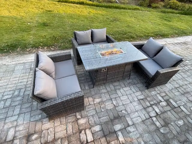 Fimous 6 Seater Rattan Outdoor Garden Dining Set with Gas Firepit Table in Dark Grey