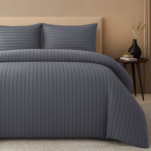 Pamposh Grey Modern Striped Microfibre Duvet Cover and Pillowcase Set, Super King – 1