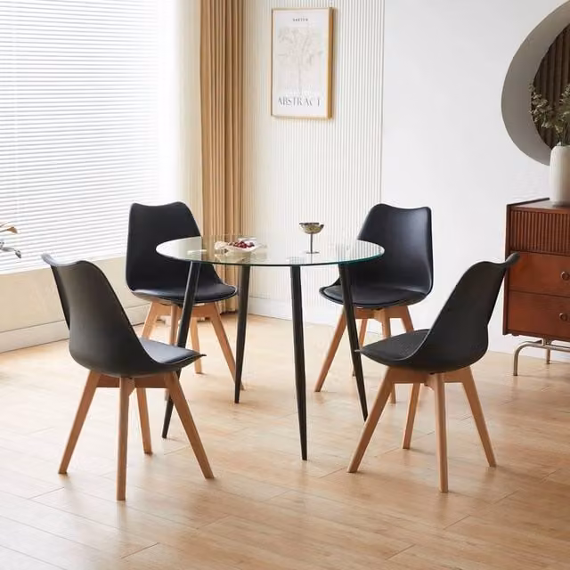 SPETLEK Round Tempered Glass Dining Table with 4 Black Padded Chairs, Diameter: 90 cm, Height: 75 cm