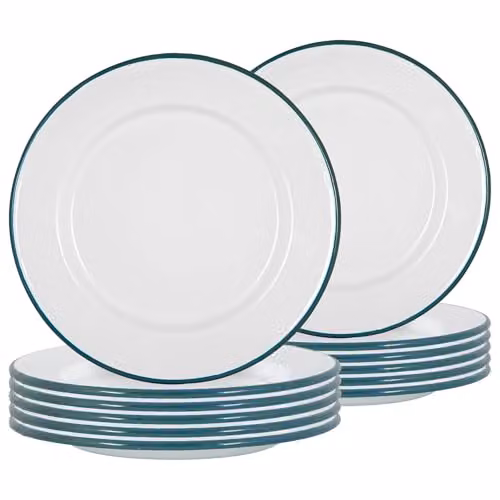 Argon Tableware Green and White Enamel Steel Dinner Plates, Set of 12, Diameter: 25.5 cm
