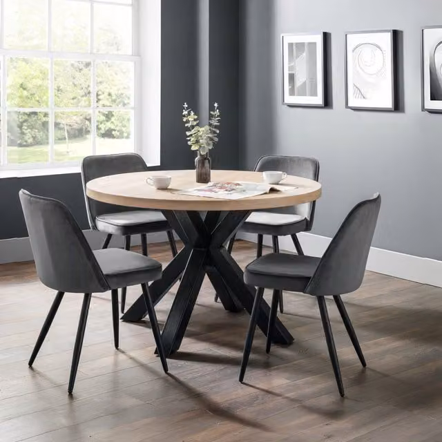Julian Bowen Berwick Round Oak Dining Table and 4 Burgess X-Frame Chairs Set in Grey and Black