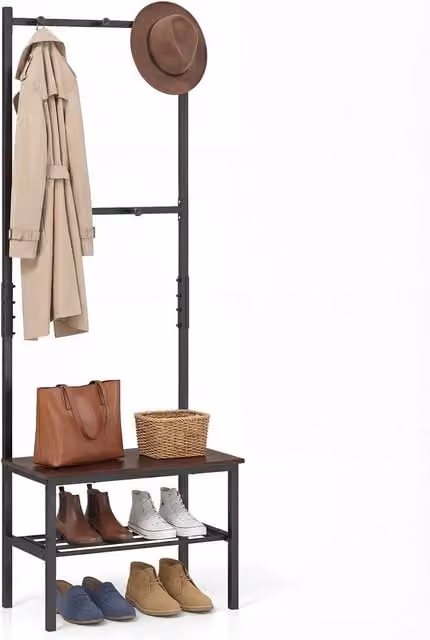 Gymax Industrial Hall Tree Freestanding Entryway Bench, Coat and Shoe Rack in Brown